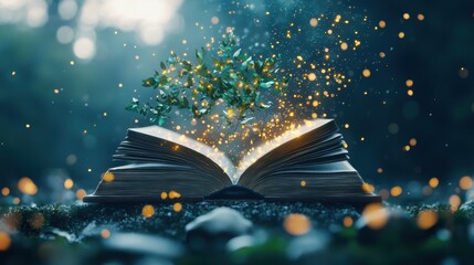 An ancient, leather bound book lying open, with glowing runes on its pages and a stream of magical light swirling upwards, transforming into fantastical creatures and mythical landscapes.