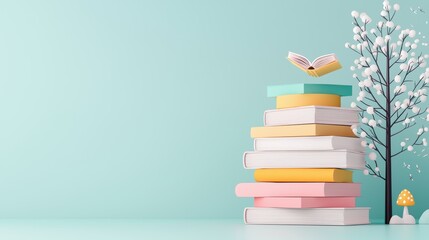 A stack of colorful books with whimsical illustrations, each one promising to transport the reader to different worlds and adventures through the power of storytelling.