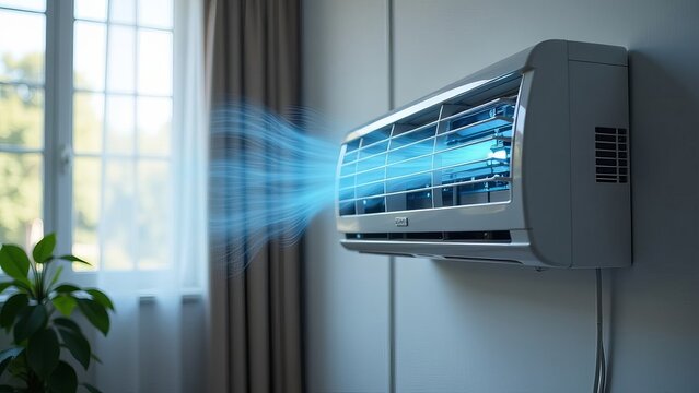 Air conditioner and wind or air flow to show cool and fresh. AC indoor unit or evaporator and wall-mounted. That is part of mini split system or ductless system type