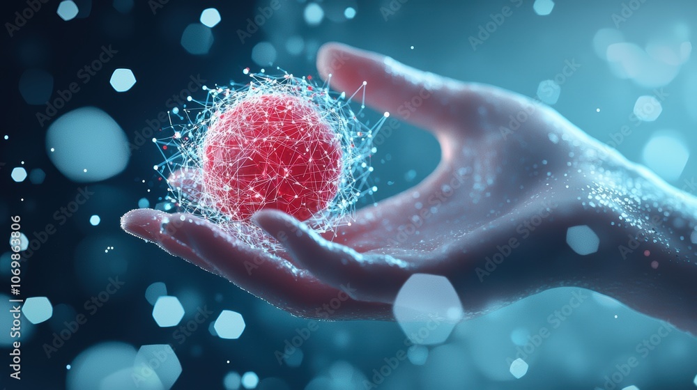 Poster a close up shot of a human hand holding a glowing orb, with intricate networks of data streams flowi