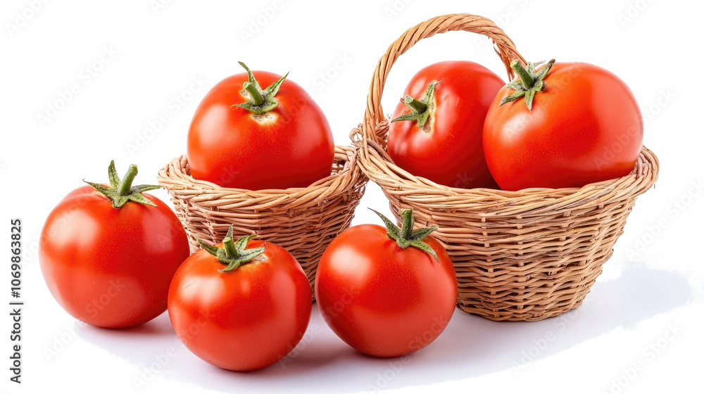 Poster fresh tomatoes displayed in rattan baskets on a transparent background generative ai
