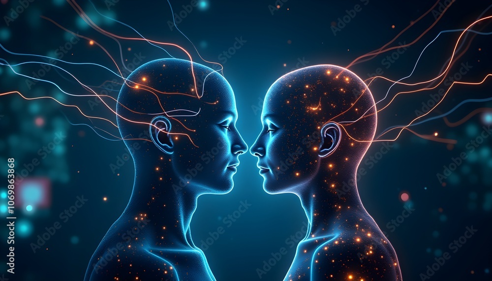 Poster two digital human figures connected by neural networks symbolize advanced human-computer interaction