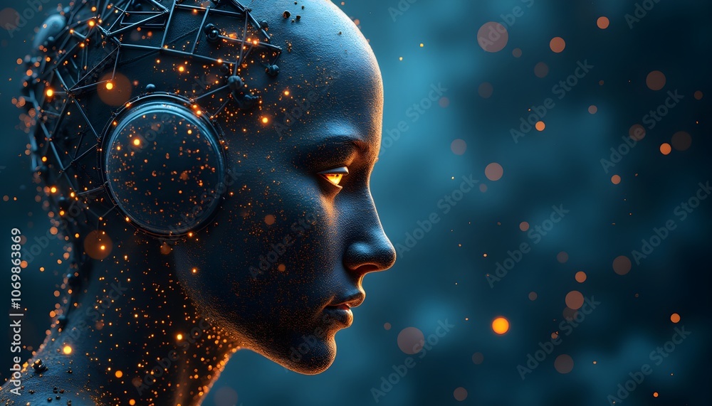 Poster a futuristic ai interface depicting human-computer integration with a digital human figure.