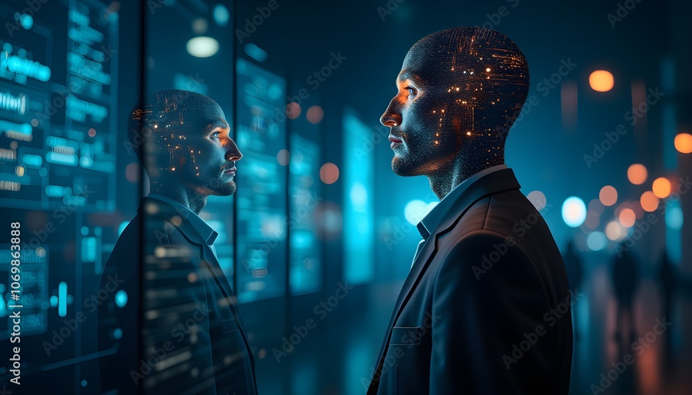 Poster a person interacts with a digital interface, symbolizing human-computer interaction and data visuali