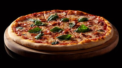 food photography, margherita pizza on wooden board, against black background