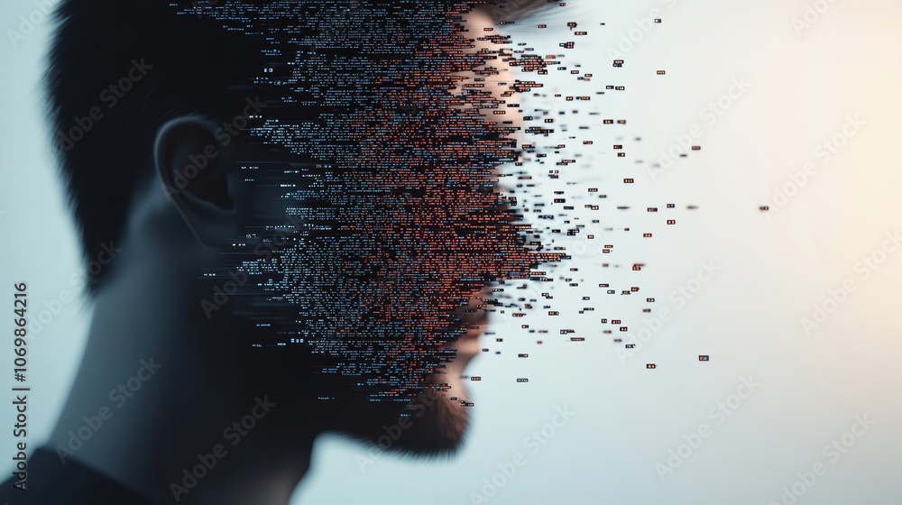Poster an abstract representation of a human silhouette merging with a digital code stream, representing th