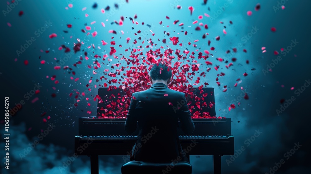 Poster a musician composing music using an ai powered software, with the ai generating melodies and harmoni