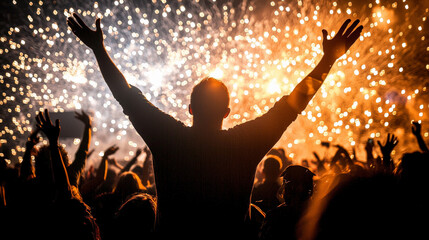 silhouette of man raising his arms in triumph at concert, surrounded by crowd celebrating with fireworks in background, creating vibrant atmosphere