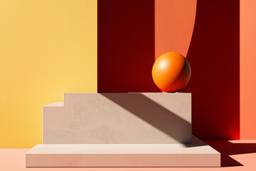 Obraz premium Orange sphere casting shadow on minimalist geometric staircase backdrop