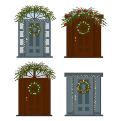 Set of entrance doors decorated for Christmas. Template for city street design on white background. Garlands, wreaths and branches. Christmas mistletoe and poinsettia. Cartoon vector style
