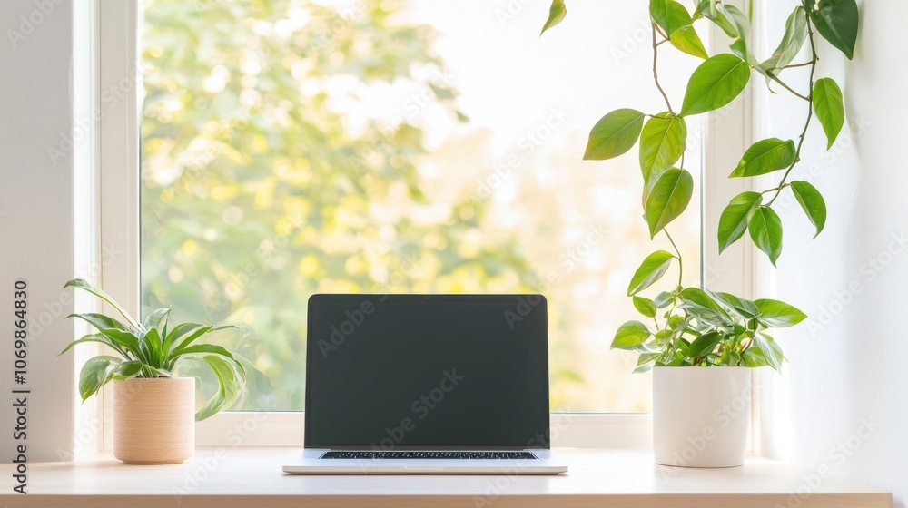 Poster a home office setup with a laptop connected to an external monitor, illustrating the flexibility of 