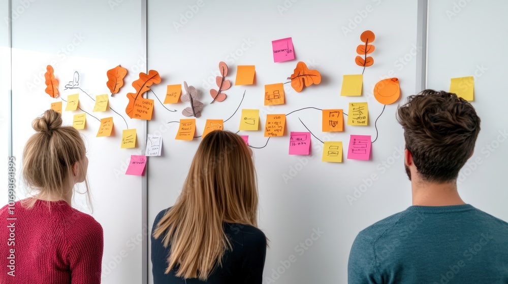Poster a whiteboard covered in sticky notes and diagrams as a team brainstorms ideas and plans out their pr