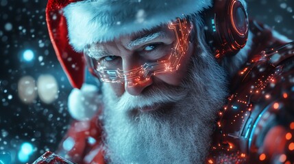futuristic Santa, in a cyber-suit with glowing circuits, and high-tech gadgets