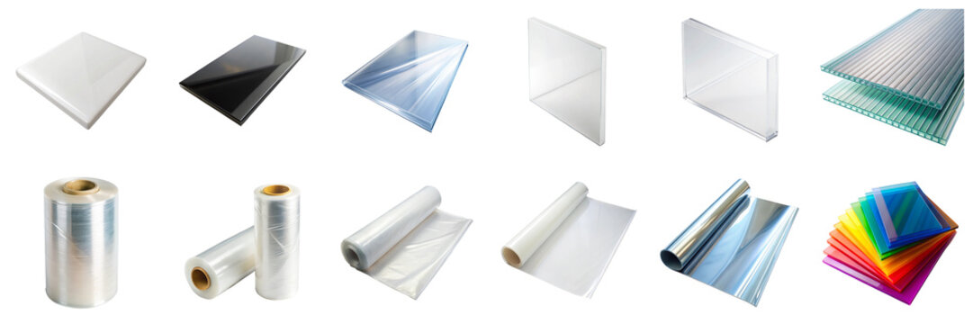 Various plastic and acrylic sheets isolated on transparent background. Includes glossy, matte, translucent, colored, and clear films and rolls in PNG collection
