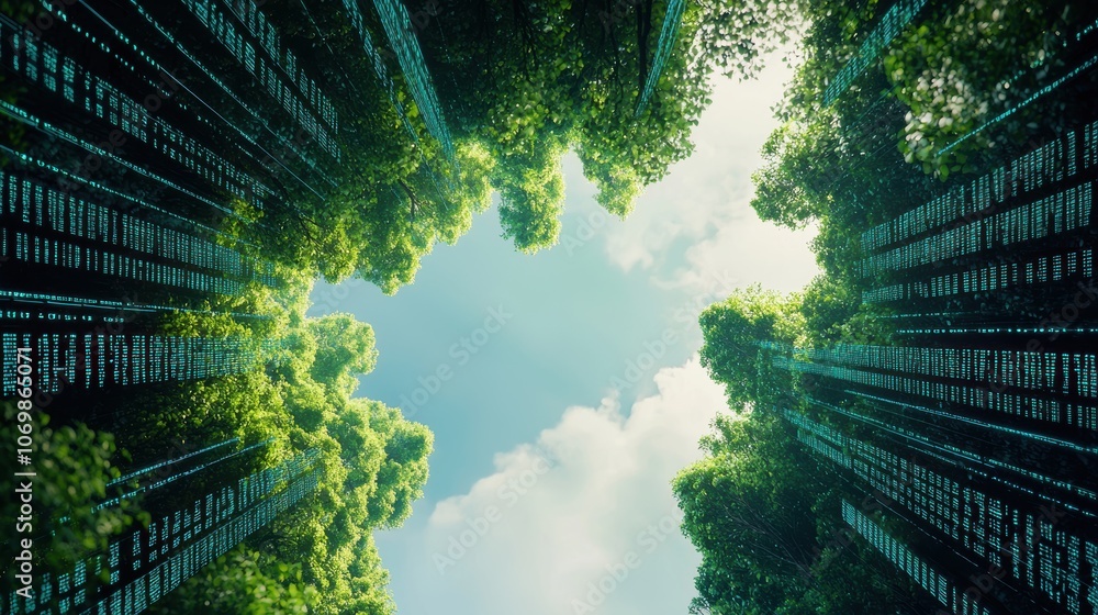 Poster a surreal image of code merging with natural elements, such as trees or water, suggesting the interc