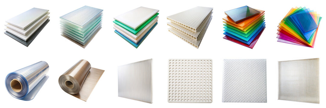 Various plastic sheets and rolls isolated on transparent background. Includes PET, PVC, polycarbonate, nylon, polypropylene, and textured sheet in PNG collection
