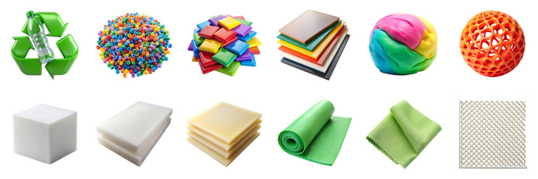 Various plastic materials and sheets isolated on transparent background. Includes 3D-printed plastics, ABS, foam, mesh, beads, and recycled in PNG collection