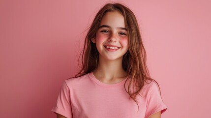 Fototapeta premium Portrait of a smiling teenage girl standing confidently against a soft pink background