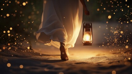 Person walking barefoot in the sand holding a lantern at dusk. Concept for Psalm 119:105 "Thy word is a lamp unto my feet, and a light unto my path".