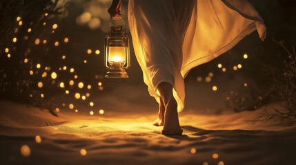 Person walking barefoot in the sand holding a lantern at dusk. Concept for Psalm 119:105 "Thy word is a lamp unto my feet, and a light unto my path".