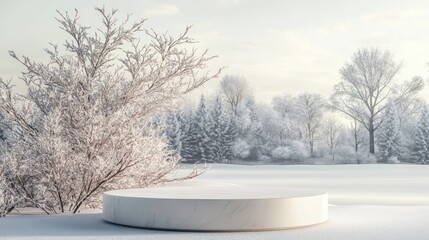 White Cylinder Podium with Snowy Branches and a Winter Landscape