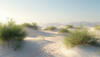 Obraz premium Desert Landscape with Lush Green Bushes and Sand Dunes