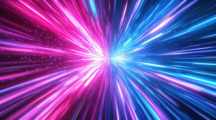 Vibrant Light Speed Explosion: Neon Pink, Blue, and Purple Light Beams Representing Technology, Acceleration, Energy, and Innovation in a Futuristic Abstract Design of Motion and Power