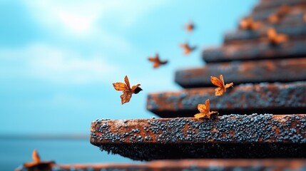 A close up shot of barnacles and seaweed clinging to the rusted hull of a shipwreck, highlighting the passage of time and the transformative power of the ocean.