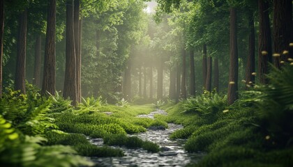 Obraz premium A Sunlit Stream Winding Through a Lush, Misty Forest