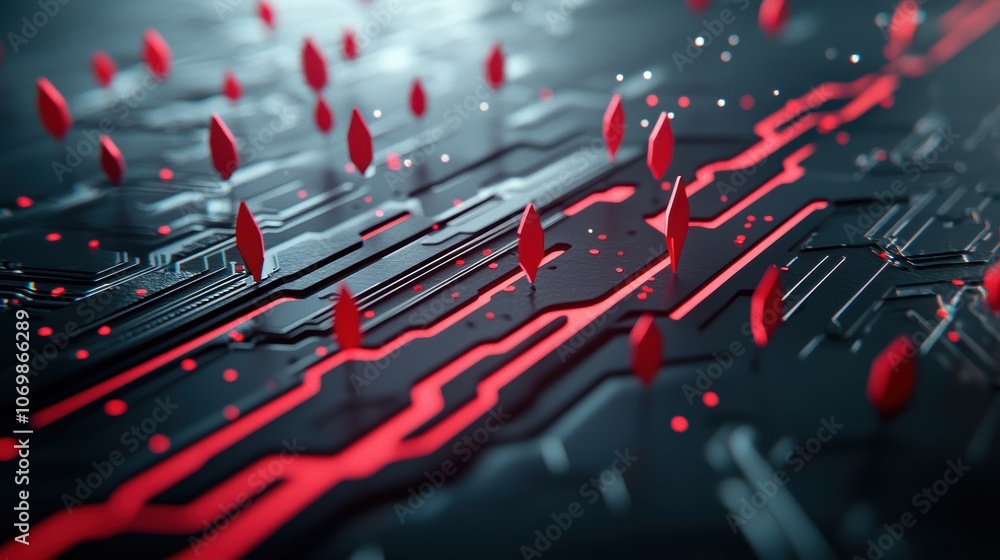 Poster an abstract representation of a cyberattack with glowing red lines and arrows targeting a network of