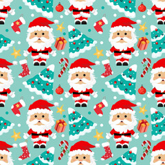 Adorable Christmas pattern featuring Santa Claus, decorated Christmas trees, stockings, and candy canes on a blue background. Great for seasonal decor and holiday-themed projects.