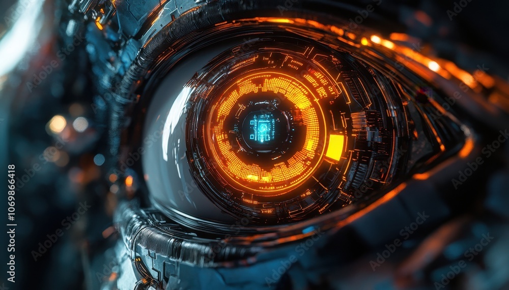 Poster a close-up of a futuristic robot eye with glowing orange circuits