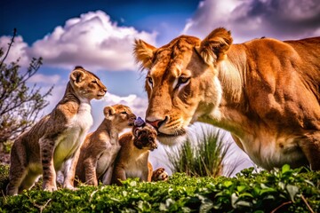 Fototapeta premium Heartwarming Food Photography Featuring Mother Animals Feeding Their Young, Capturing the Essence of Nurturing and Sustenance in the Animal Kingdom