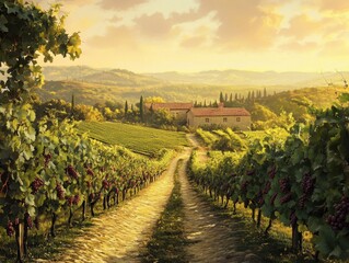 Naklejka premium A Rustic Countryside Vineyard with a Stone Farmhouse at Sunset