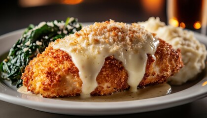 Breaded Chicken Breast with Creamy Sauce and Spinach