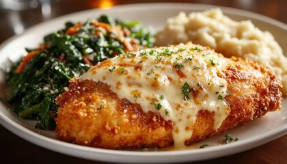 Crispy Chicken Breast with Creamy Sauce, Mashed Potatoes, and Spinach