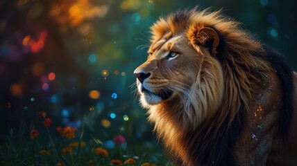 Fototapeta premium A majestic creature, a cross between a lion and a leopard, with colorful and brilliant fur. The creature's sharp eyes, strong body, and flowing mane convey a sense of power and mystery.