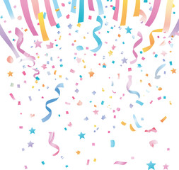 Simple, cute, light, clean and lovely style of celebration confetti and streamers. The confetti is soft and round. Transparent background, ideal for overlaying.For card, invitation, wallpaper, banner.