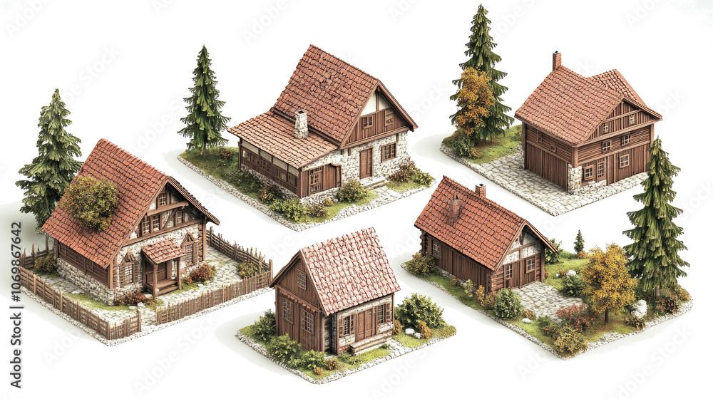 Poster minimalist houses with greenery on transparent background generative ai