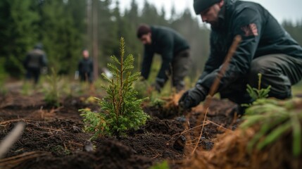 Team of dedicated workers planting young saplings as part of a forest restoration project. Environmental conservation, climate action,community,sustainability, global warming, biodiversity,labor,hope