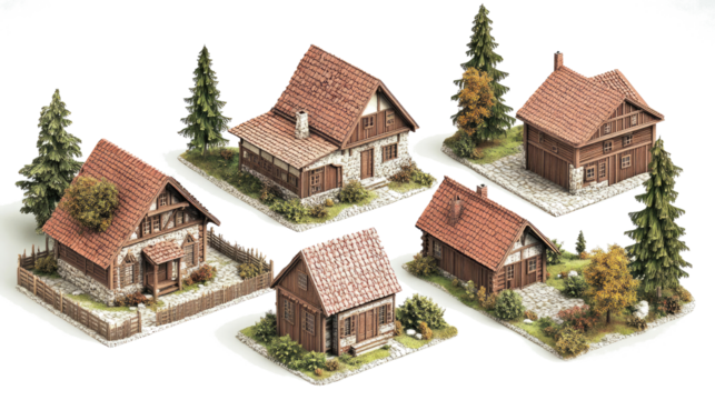 Minimalist Houses With Greenery on Transparent Background Generative AI