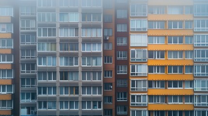 Obraz premium Condensation on glass windows of residential towers, highlighting the transition from overcast skies to clear weather