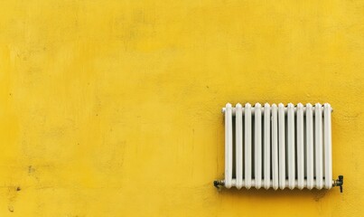 White radiator mounted on a bright yellow wall. Interior design element with minimalist background.