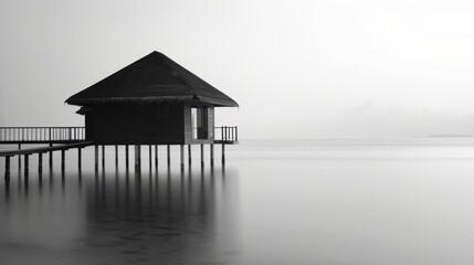 Overwater Bungalow on Stilts in Tropical Lagoon  Black and White Minimalist Photography
