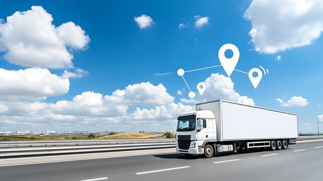Delivery Truck on the Road with Location Markers for Efficient Logistics Management - Powered by Adobe