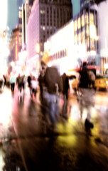 Urban, street and buildings at night for travel with transport speed, city lights and sidewalk. Blurry, infrastructure commute and people walking, nightlife explore and tourism with road outdoor