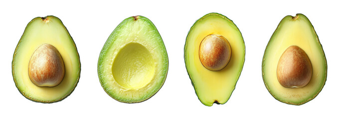 set of avocado slices isolated on transparent and white background, top view