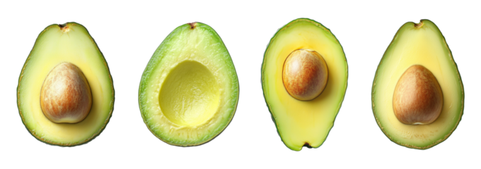 set of avocado slices isolated on transparent and white background, top view