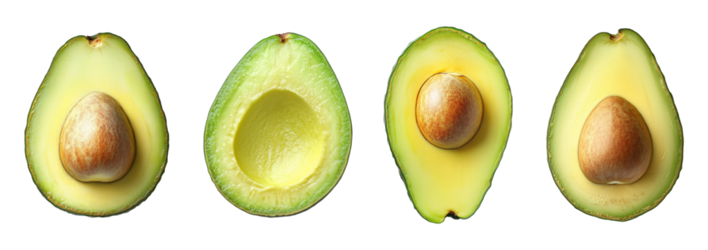 set of avocado slices isolated on transparent and white background, top view