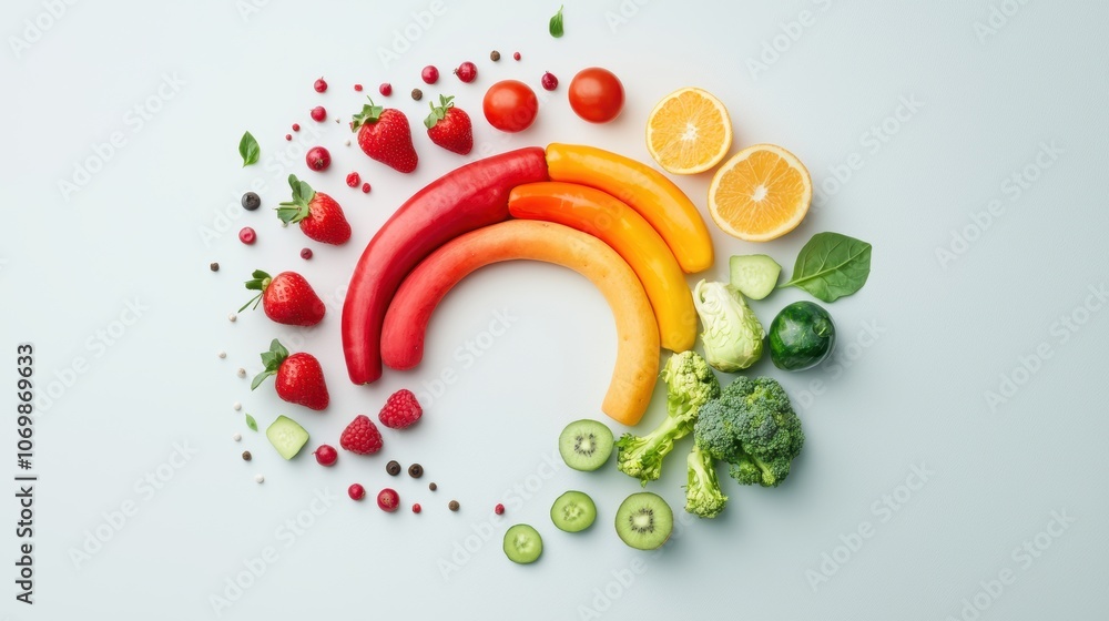 Poster a colorful array of fresh fruits and vegetables arranged in the shape of a rainbow, promoting health